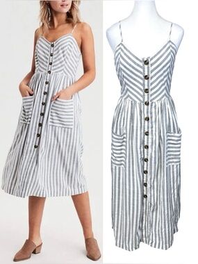 American Eagle White Gray Striped Button Front Dress Medium Festival Summer